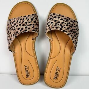 Born Leopard Slide Sandals Womens 8 Brown Haircalf Leather Flat